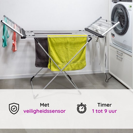 Eleganca Elektrisch Droogrek -  Verwarmd Wasrek - Timer met Touchscreen - Veiligheidssensor  - Zilver - 230W