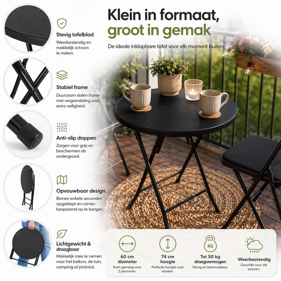 Nancy's Bardi Inklapbare Tafel - Campingtafel - Vouwtafel - Klaptafel - Rond - Zwart - Ø60 x 74cm