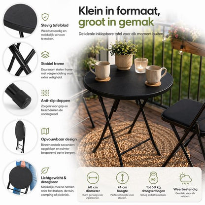 Nancy's Bardi Inklapbare Tafel - Campingtafel - Vouwtafel - Klaptafel - Rond - Zwart - Ø60 x 74cm