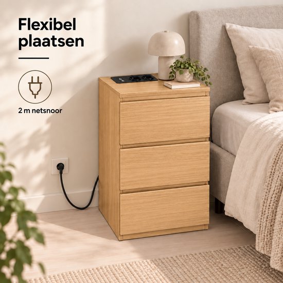 Casamoda Extra Hoog Nachtkastje voor Boxspring - 3 lades - Stopcontact met 1x USB-C en 1x USB-A - Bijzettafel - Goud Eiken - 40 x 35 x 70 cm