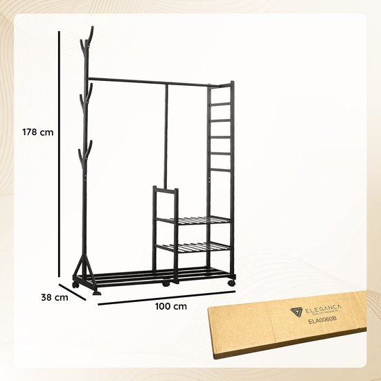 Eleganca Kledingrek op Wieltjes - Garderoberek - Garderobekast - Bamboe - Zwart - 100 x 38 x 176 cm