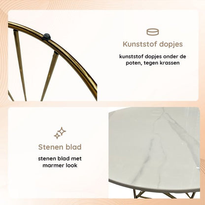 Casamoda Bijzettafel - Salontafel - Gouden Frame - Marmer - Stenen Tafelblad Rond - ± Ø 60 x 60 cm
