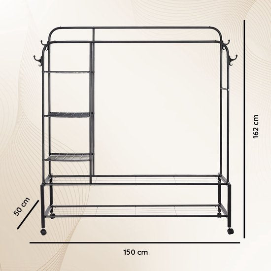 Eleganca Kledingrek - Garderoberek - Kledingstang - 2 Stangen en 4 Ophanghaken - Zwart - Staal - 150 x 50 x 162 cm