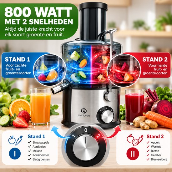 Nancy's Nutrilovers QUICK-JUICER PRO Slowjuicer - Sapcentrifuge - Citruspers - Keukenmachine - 800W - 2 snelheden - RVS - BPA Vrij