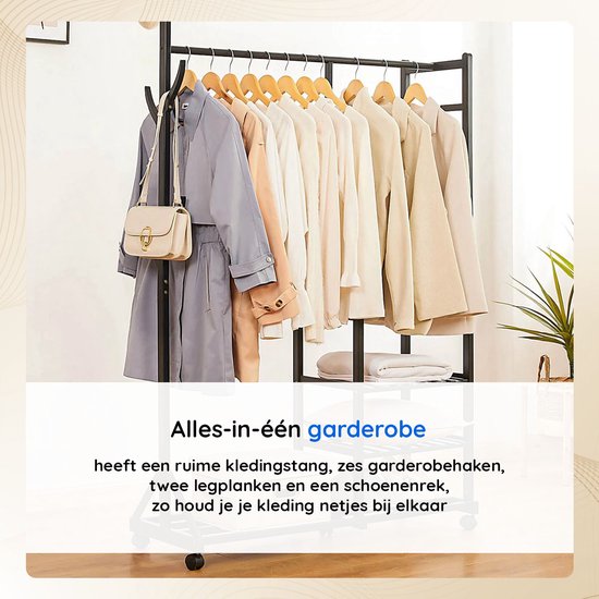 Eleganca Kledingrek op Wieltjes - Garderoberek - Garderobekast - Bamboe - Zwart - 100 x 38 x 176 cm