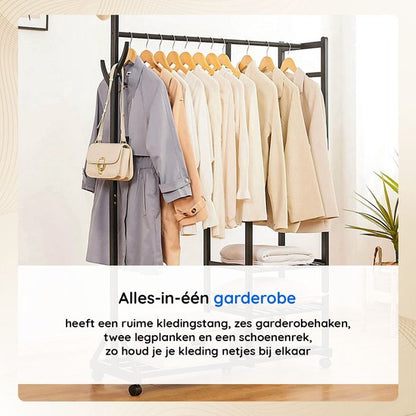 Eleganca Kledingrek op Wieltjes - Garderoberek - Garderobekast - Bamboe - Zwart - 100 x 38 x 176 cm