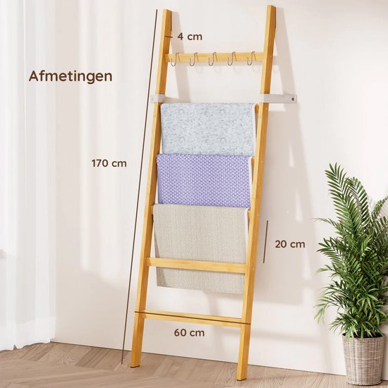 Nancy's Eleganca Handdoekladder - Handdoekrek - Decoratieve Ladder met 5 Ophanghaakjes - Bamboe - 60 x 170 cm