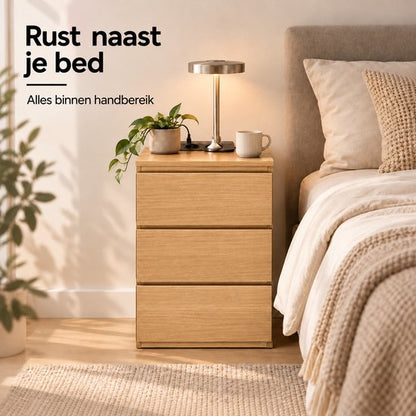 Casamoda Extra Hoog Nachtkastje voor Boxspring - 3 lades - Stopcontact met 1x USB-C en 1x USB-A - Bijzettafel - Goud Eiken - 40 x 35 x 70 cm