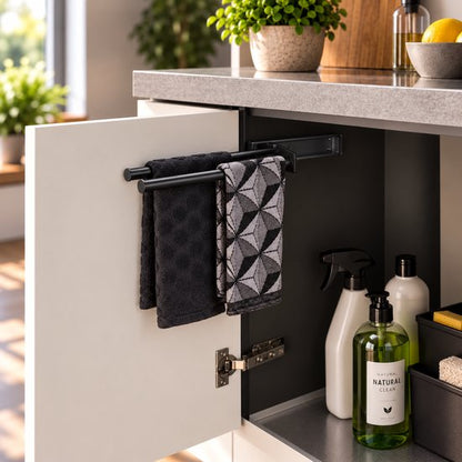 Eleganca Uittrekbaar Handdoekrek Zwart – Inbouwafmeting 9,4 x 32,2 x 3,8cm – Handdoekhouder uitschuifbaar tot 31cm – Handdoekstang keuken of badkamer – Horizontaal en verticaal te gebruiken – 2 armen – Aluminium
