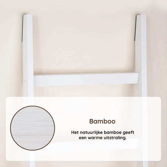 Nancy's Eleganca Handdoekladder - Handdoekrek - ecoratieve Ladder met 5 Ophanghaakjes - Wit - Bamboe - 60 x 170 cm