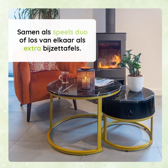Casamoda Salontafel set van 2 - Bijzettafels Rond - Goud/Zwart Marmer - Ø 70/50 cm