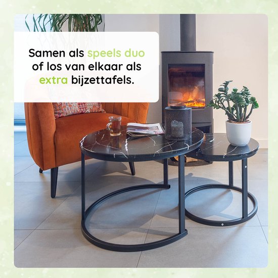 Casamoda Salontafel set van 2 - Bijzettafel Set Rond -  Zwart Marmer - Hout / Staal - Ø 70/50 cm