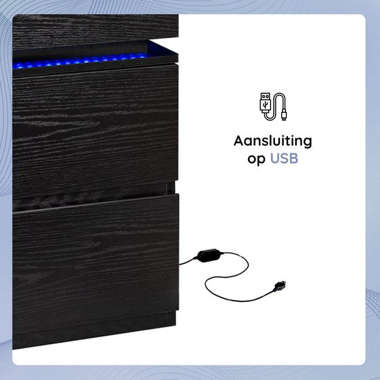 Casamoda Hoog Nachtkastje voor Boxspring - Ladekastje - 3 Lades - Verstelbare RGB LED-Verlichting - Zwart - 40 x 35 x 70 cm