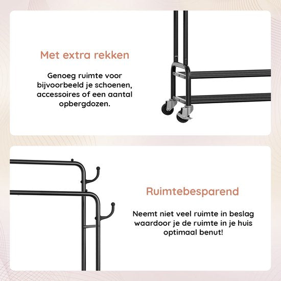 Eleganca Kledingrek XL - Stevig Garderoberek - Dubbel Kledingrek - Zwart - Staal - B112 x D40 x H155 cm - Topper