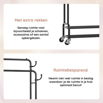 Eleganca Kledingrek XL - Garderoberek - Dubbel Kledingrek - 2 Kledingstangen en Schoenenplanken - Zwart - Staal - ± 110 x 40 x 155 cm