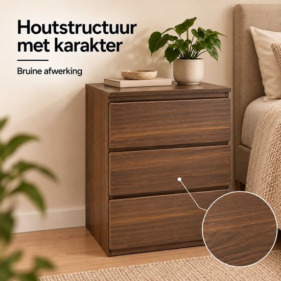Casamoda Extra Hoog Nachtkastje voor Boxspring - 3 lades - Stopcontact met 1x USB-C en 1x USB-A - Bijzettafel - Walnoot - 40 x 35 x 70 cm