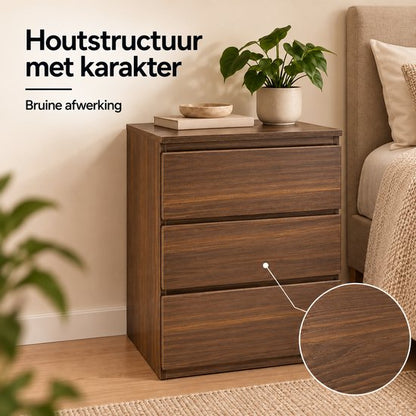 Casamoda Extra Hoog Nachtkastje voor Boxspring - 3 lades - Stopcontact met 1x USB-C en 1x USB-A - Bijzettafel - Walnoot - 40 x 35 x 70 cm