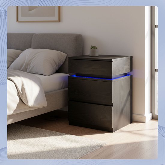 Casamoda Nachtkastje - 3 Lades - Ladekastje - Verstelbare RGB LED Verlichting - Zwart - 40 x 35 x 55 cm