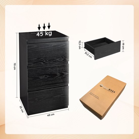 Casamoda Hoog Nachtkastje voor Boxspring met Stopcontact en USB - Ladekastje - 3 Lades - Zwart - 40 x 35 x 70 cm