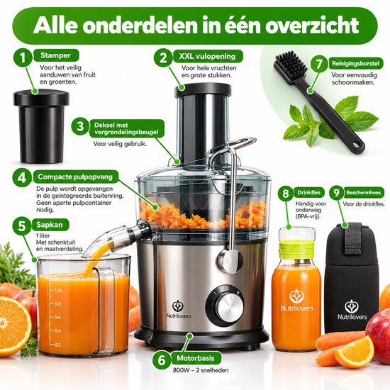 Nancy's Nutrilovers QUICK-JUICER PRO Slowjuicer - Sapcentrifuge - Citruspers - Keukenmachine - 800W - 2 snelheden - RVS - BPA Vrij