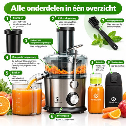 Nancy's Nutrilovers QUICK-JUICER PRO Slowjuicer - Sapcentrifuge - Citruspers - Keukenmachine - 800W - 2 snelheden - RVS - BPA Vrij