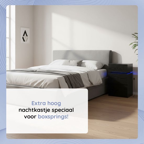 Casamoda Hoog Nachtkastje voor Boxspring - Ladekastje - 3 Lades - Verstelbare RGB LED-Verlichting - Zwart - 40 x 35 x 70 cm
