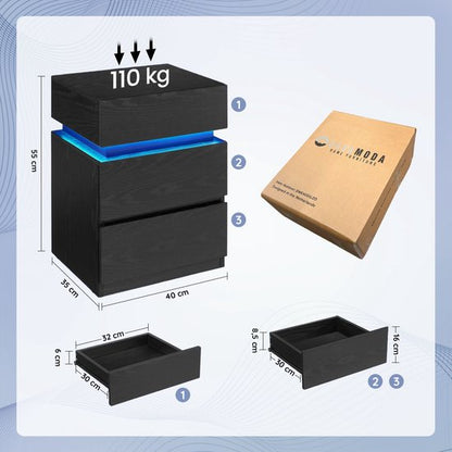 Casamoda Nachtkastje - 3 Lades - Ladekastje - Verstelbare RGB LED Verlichting - Zwart - 40 x 35 x 55 cm