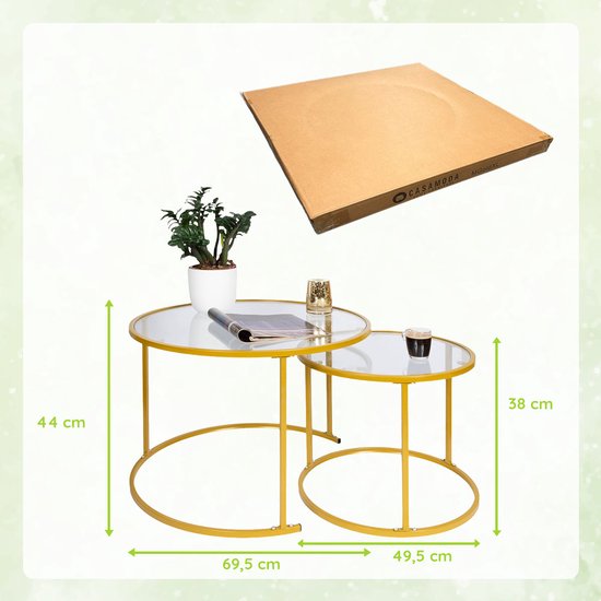 Casamoda Salontafel set van 2 - Bijzettafels Rond - Glas - Goud - Ø 70/50 cm