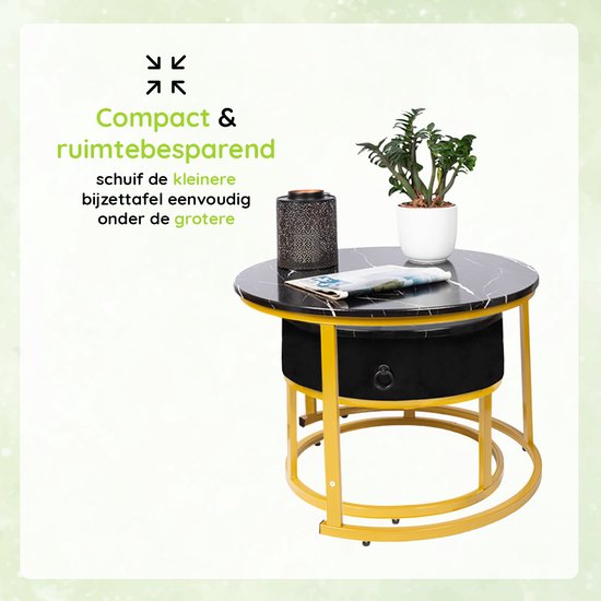 Casamoda Salontafel set van 2 - Bijzettafels Rond - Goud/Zwart Marmer - Ø 70/50 cm
