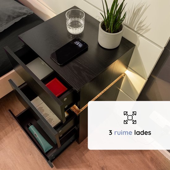 Casamoda Nachtkastje - 3 Lades - Ladekastje - Verstelbare RGB LED Verlichting - Zwart - 40 x 35 x 55 cm