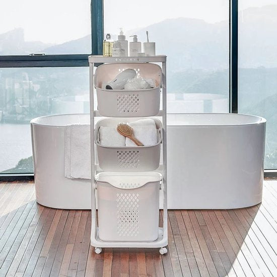 Eleganca Wasmand 3 vakken - Wasbox - Wassorteerder - Wasmand op Wielen - Wit - 82 Liter