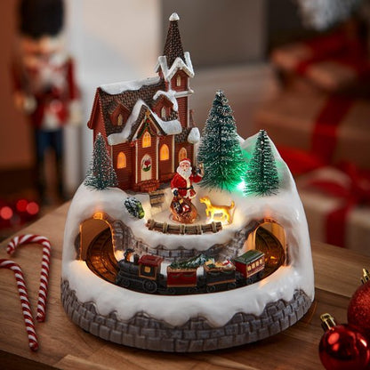 Nancy's Gxmas Kerstdorp met Rijdende Trein - Kerstdecoratie - Bewegend Kerstdorp met Kerk en Kerstman - Kersthuisjes - LED Verlichting en Muziek