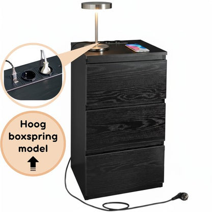 Casamoda Hoog Nachtkastje voor Boxspring met Stopcontact en USB - Ladekastje - 3 Lades - Zwart - 40 x 35 x 70 cm