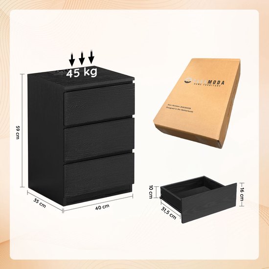 Casamoda Nachtkastje met Stopcontact en USB-Aansluiting - Ladekastje - 3 Lades - Zwart - 40 x 35 x 55 cm