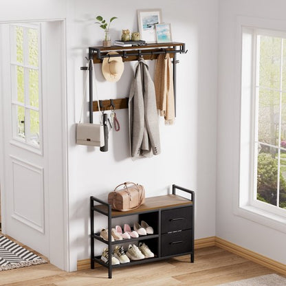 Casamoda Wandgarderobe - Garderoberek - Kapstok met Schoenenrek - Metaal / Hout - Walnoot - 80 x 40 x 180 cm