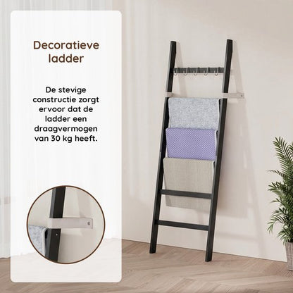 Nancy's Eleganca Handdoekladder - Handdoekrek - Decoratieve Ladder met 5 Ophanghaakjes - Zwart - Bamboe - 60 x 170 cm