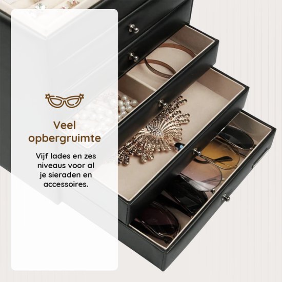 Eleganca Sieradendoos met Spiegel - Sieraden Kistje - Sieraden Display - Juwelenkistje - Zwart