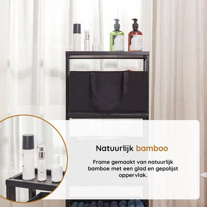 Nancy's Eleganca Wassorteerder 3 Vakken - Wasmand - Met Wieltjes - Zwart - Bamboe - ± 40 x 35 x 120 cm