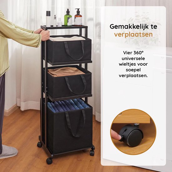 Nancy's Eleganca Wassorteerder 3 Vakken - Wasmand - Met Wieltjes - Zwart - Bamboe - ± 40 x 35 x 120 cm