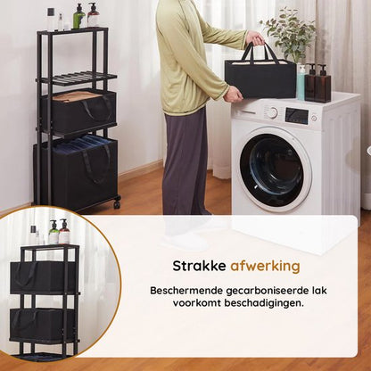 Nancy's Eleganca Wassorteerder 3 Vakken - Wasmand - Met Wieltjes - Zwart - Bamboe - ± 40 x 35 x 120 cm