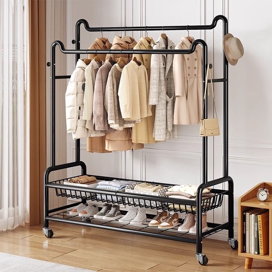 Eleganca Kledingrek XXL - Kledingstang - Garderoberek - 2 Stangen en 4 Ophanghaken - Zwart - Staal - B150 x D45 x H170 cm