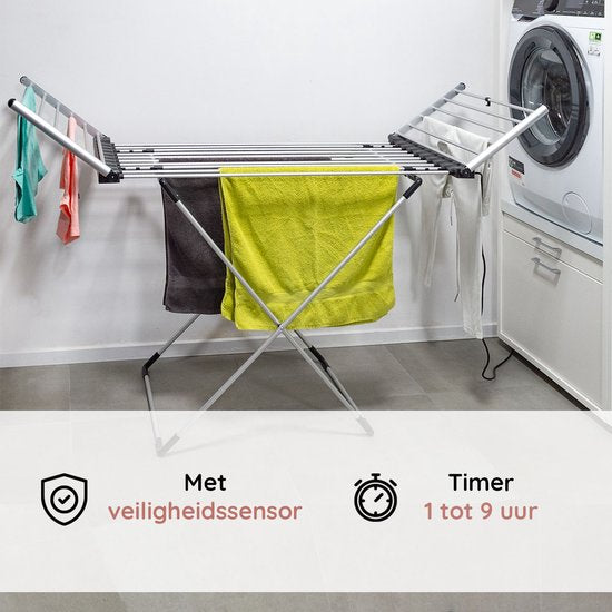 Eleganca Elektrisch Droogrek XL - Verwarmd Wasrek voor Kleding en Handdoeken - Timer met Touchscreen - 220-240V - 310W - Zilver
