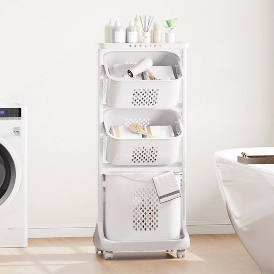Eleganca Wasmand 3 vakken - Wasbox - Wassorteerder - Wasmand op Wielen - Wit - 82 Liter
