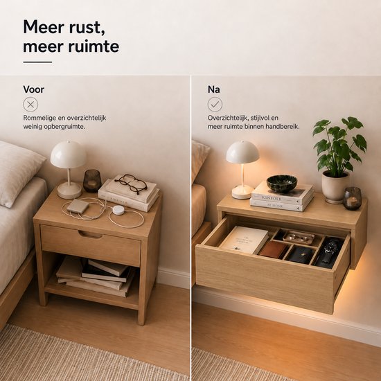 Casamoda Nachtkastje set van 2 - Zwevend nachtkastje met lade - LED-Verlichting - Eiken - 40 x 35 x 18 cm