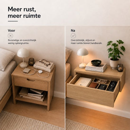 Casamoda Nachtkastje set van 2 - Zwevend nachtkastje met lade - LED-Verlichting - Eiken - 40 x 35 x 18 cm
