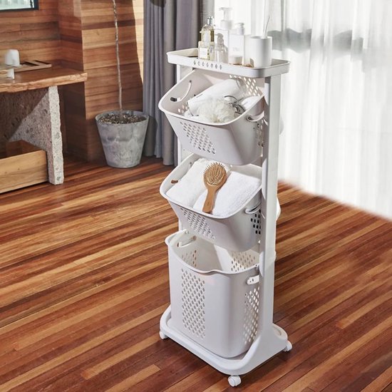 Eleganca Wasmand 3 vakken - Wasbox - Wassorteerder - Wasmand op Wielen - Wit - 82 Liter
