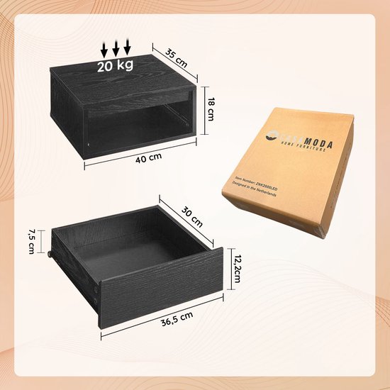 Casamoda Zwevend Nachtkastje - Set van 2 - Verstelbare LED-Verlichting - Zwart - ± 40 x 35 x 20 cm