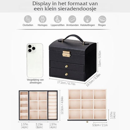 Nancy's Eleganca Sieradendoos - Sieraden kistje - Juwelenkistje - Sieradenhouder met 3 Lades - Opbergdoos voor sieraden - Zwart - Leer
