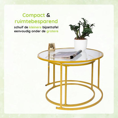 Casamoda Salontafel set van 2 - Bijzettafels Rond - Glas - Goud - Ø 70/50 cm