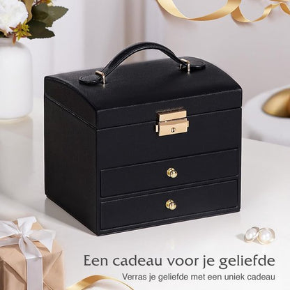 Nancy's Eleganca Sieradendoos - Sieraden kistje - Juwelenkistje - Sieradenhouder met 3 Lades - Opbergdoos voor sieraden - Zwart - Leer